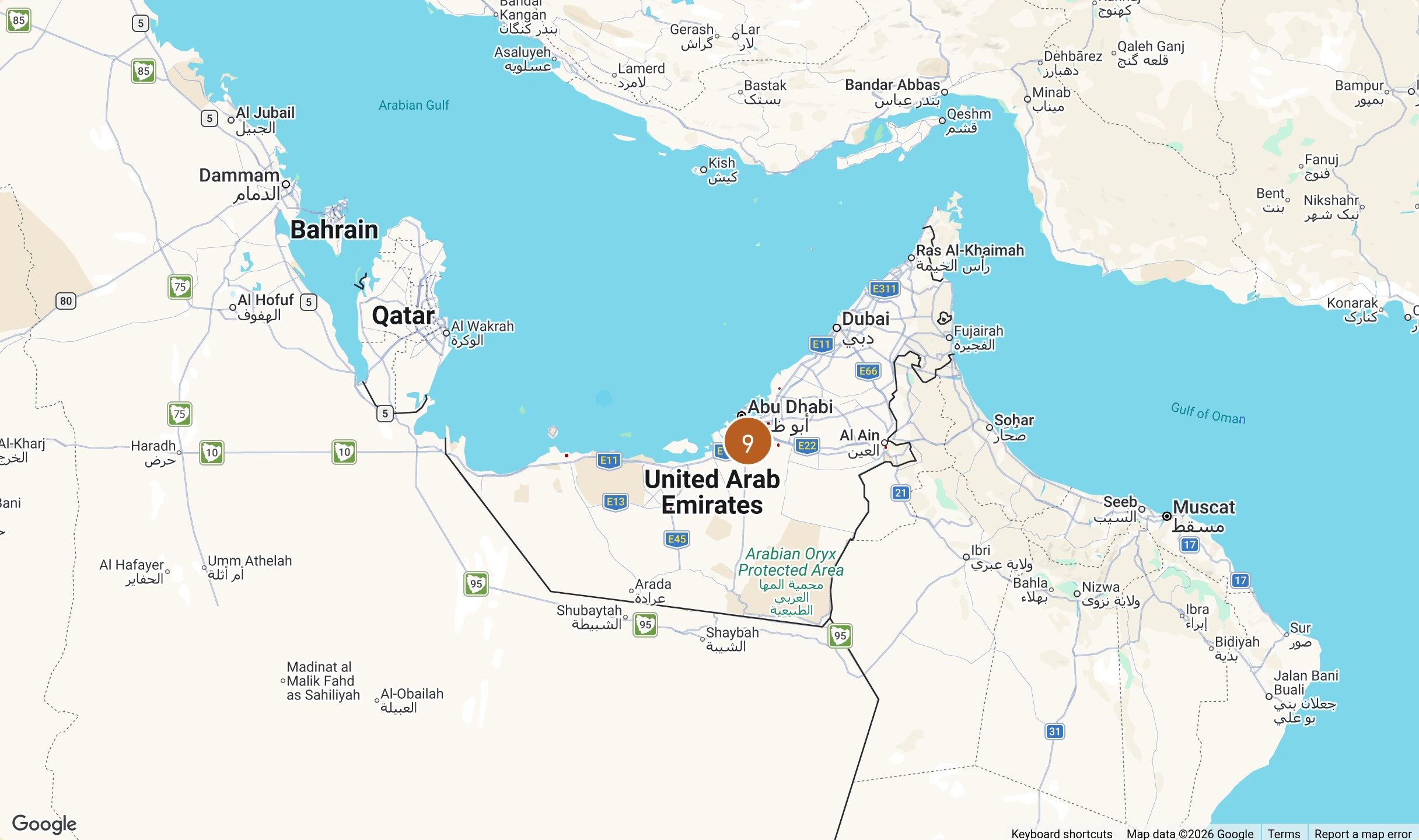 Map of the United Arab Emirates with the land bank's example locations clustered across the Emirate of Abu Dhabi