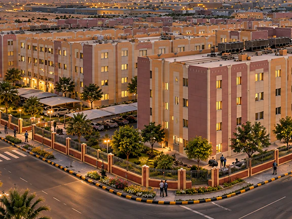 Urban development across Abu Dhabi at dusk